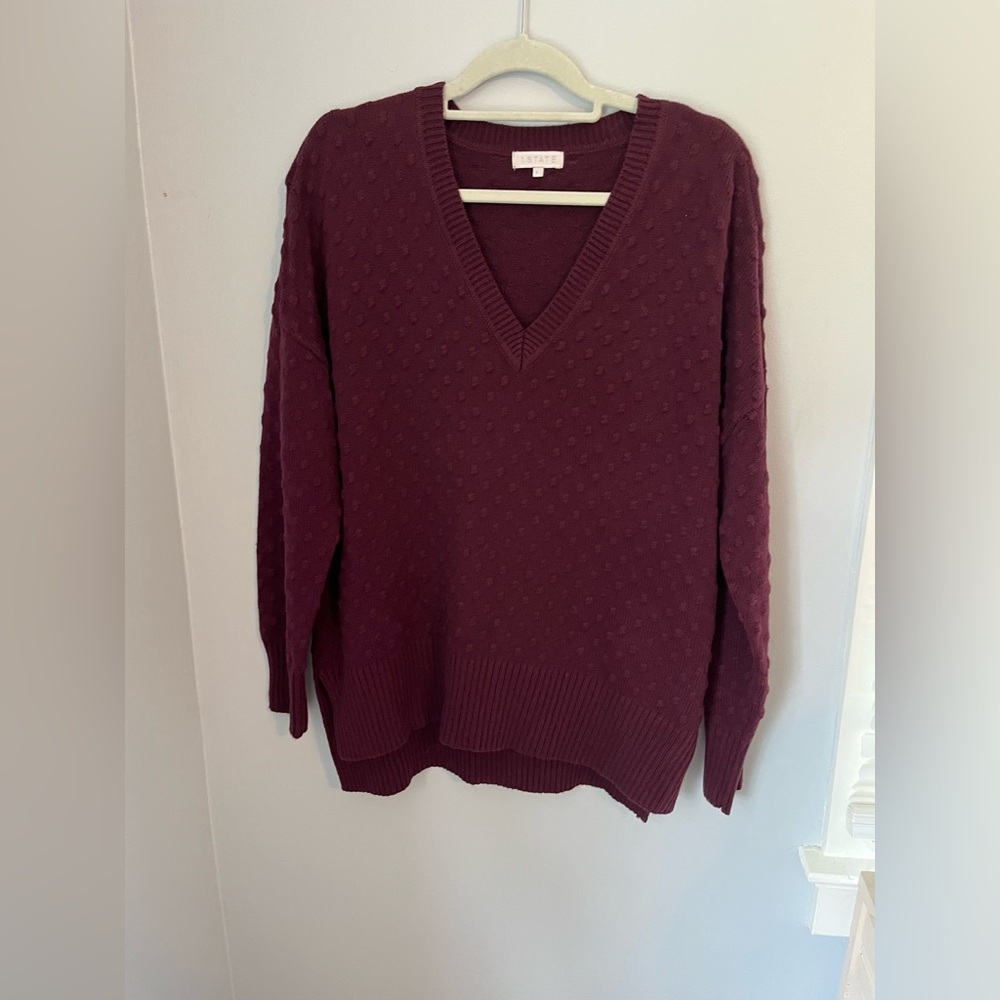 1. State Women's V-Neck Sweater in Rich plum‎ color, hi-low